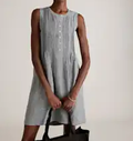 Sleeveless Mini Gingham Pin Tuck Button Front Linen Shift Dress