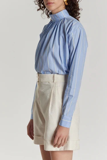 Women’s Mandarin Collar Vertical Stripe Viscose Long Sleeve Blouse