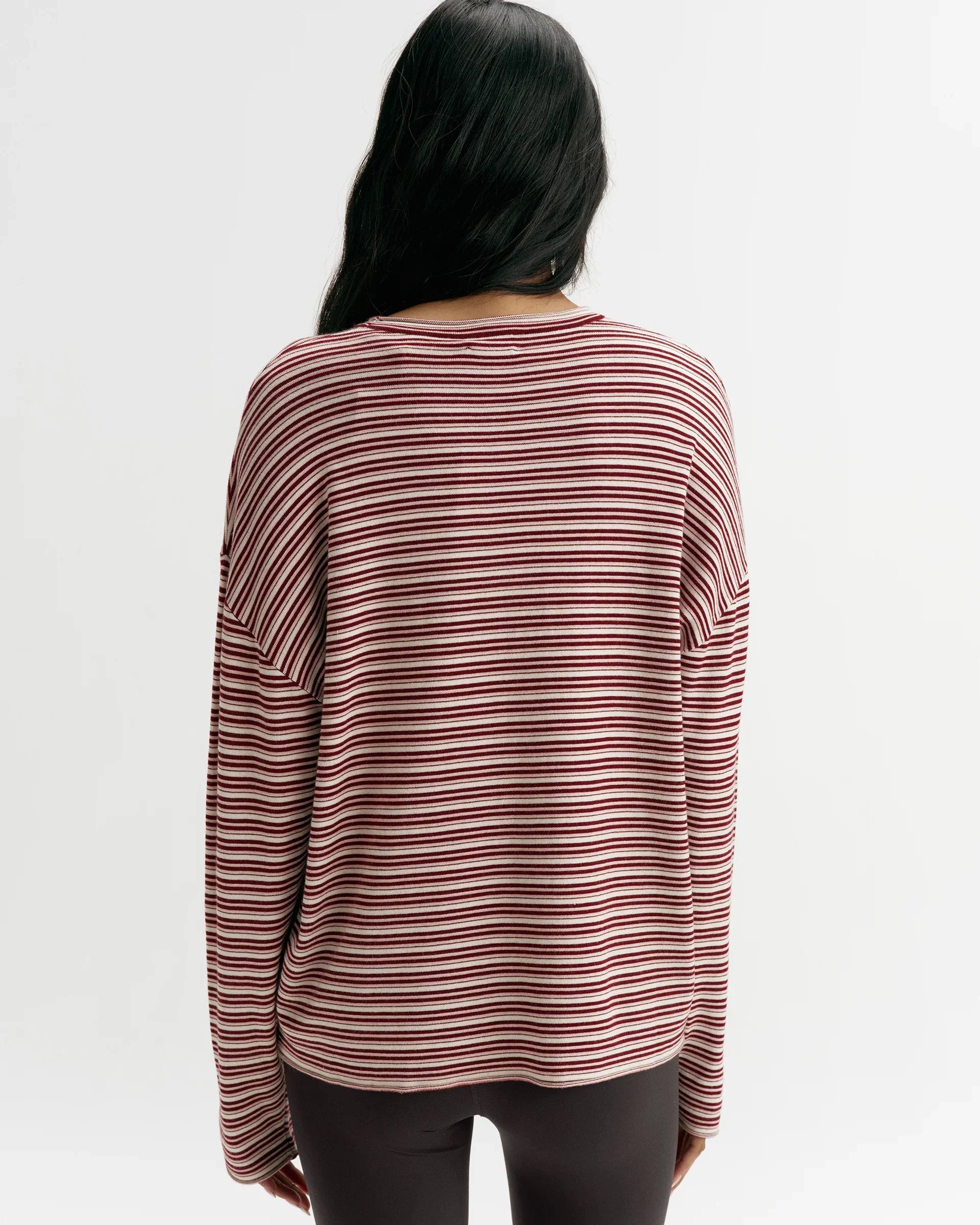 Oversized Striped Knit Roll‑Hem Sweatshirt Top